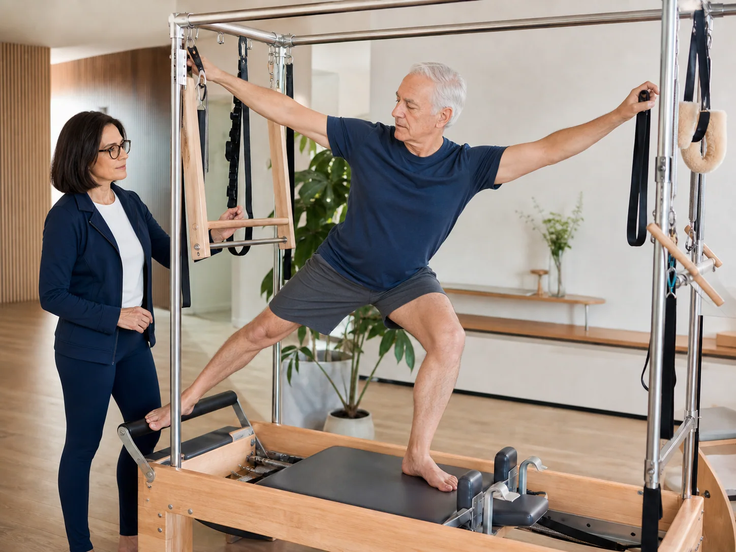 Homem idoso trabalhando força e mobilidade em um equipamento de Pilates com orientação da fisioterapeuta Isabel Tinós